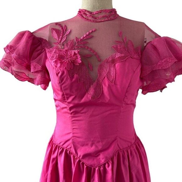 Vintage Eve of Milady Hot Pink Floral Ruffle Sleeve Maxi Prom Formal Dress Sz S - Picture 1 of 10